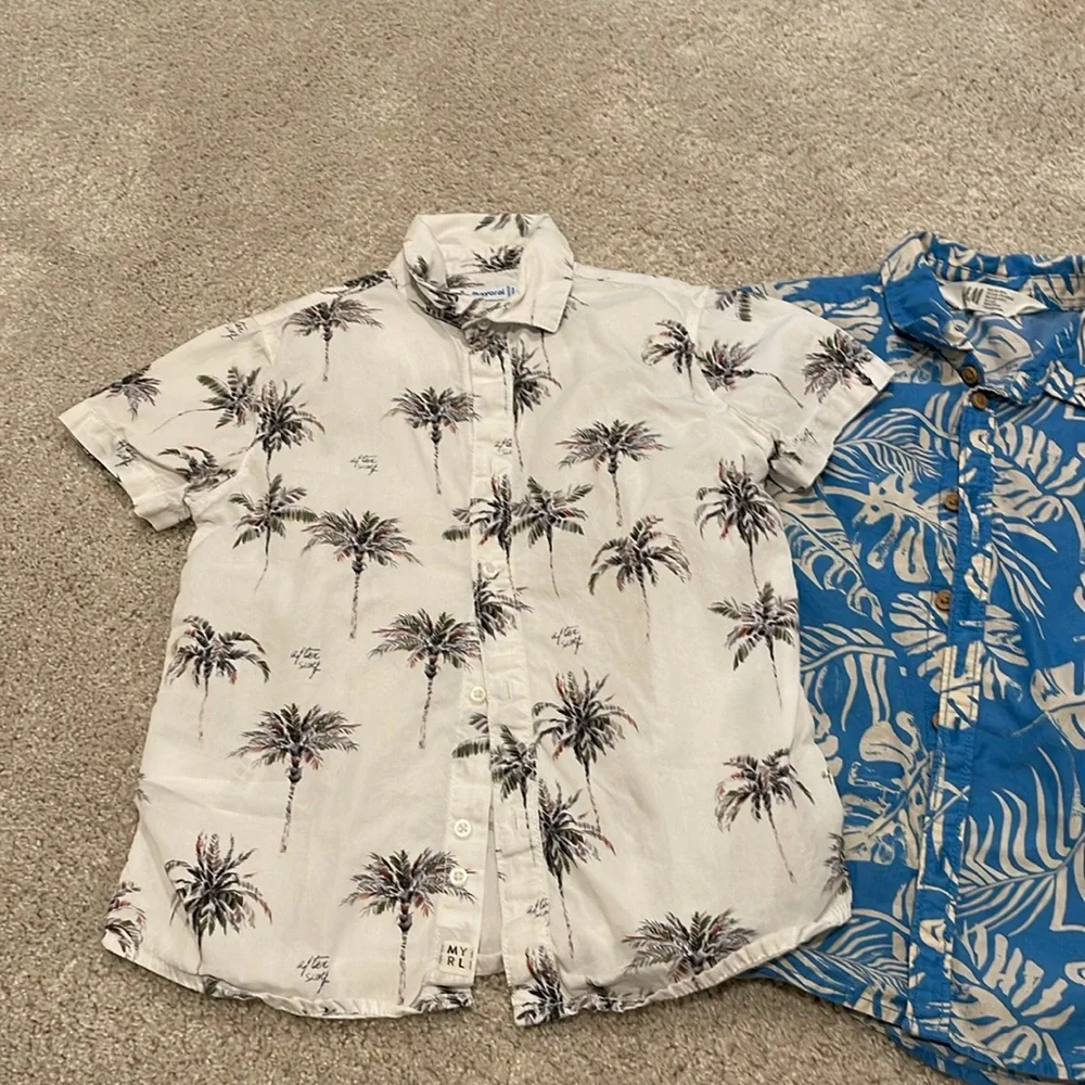 Set of TWO tropical print short sleeve button front shirts, size 6